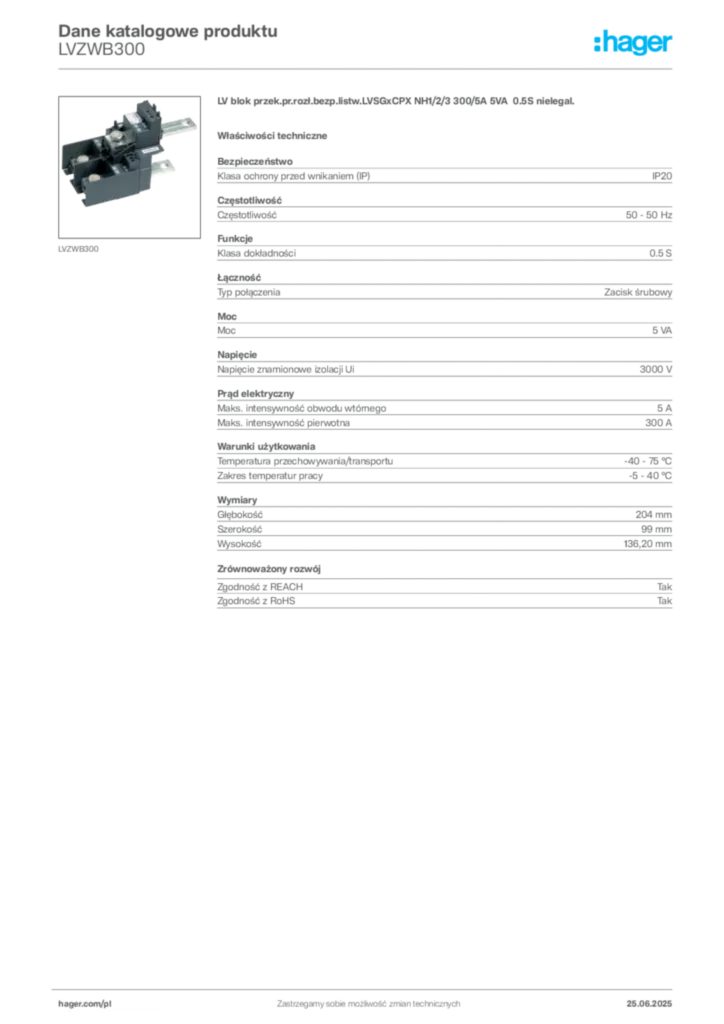Zdjęcie Hager Karta katalogowa LVZWB300 | Hager Polska