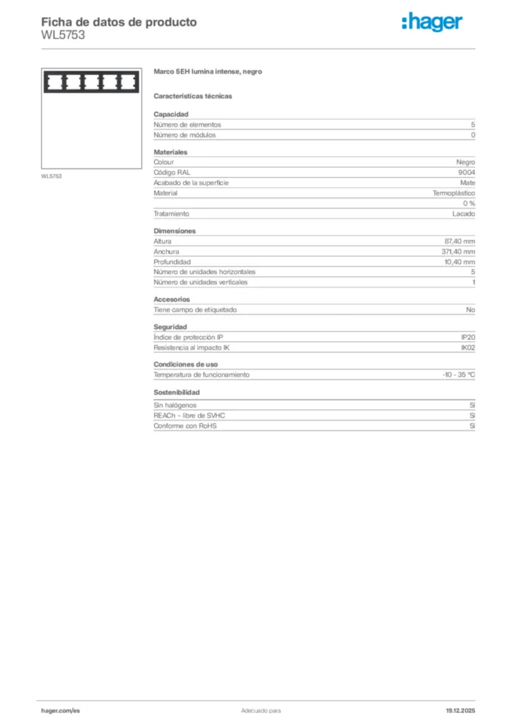Imagen Hager Ficha de datos de producto WL5753 | Hager España