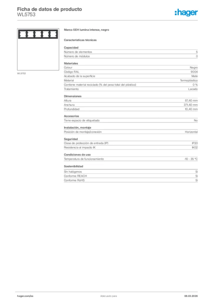 Imagen Hager Ficha de datos de producto WL5753 | Hager España