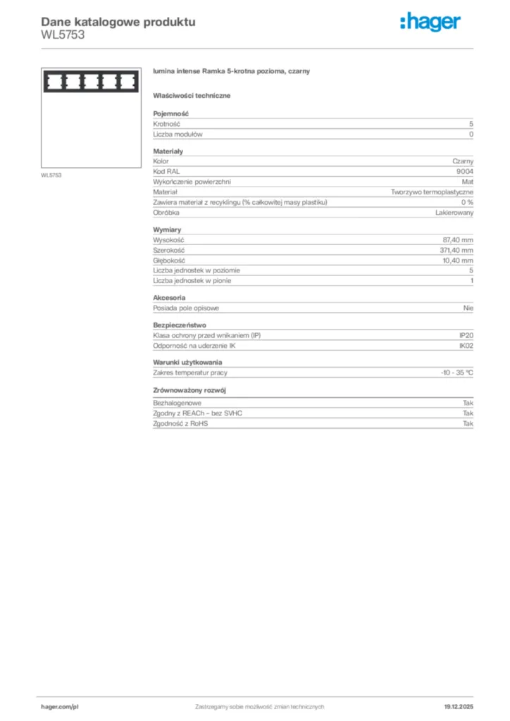 Zdjęcie Hager Karta katalogowa WL5753 | Hager Polska