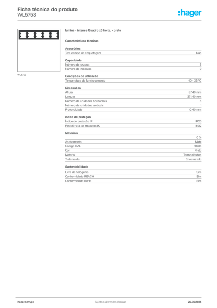 Imagem Hager Ficha técnica do produto WL5753 | Hager Portugal