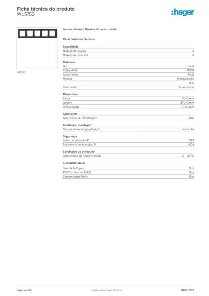 Imagem Hager Ficha técnica do produto WL5753 | Hager Portugal