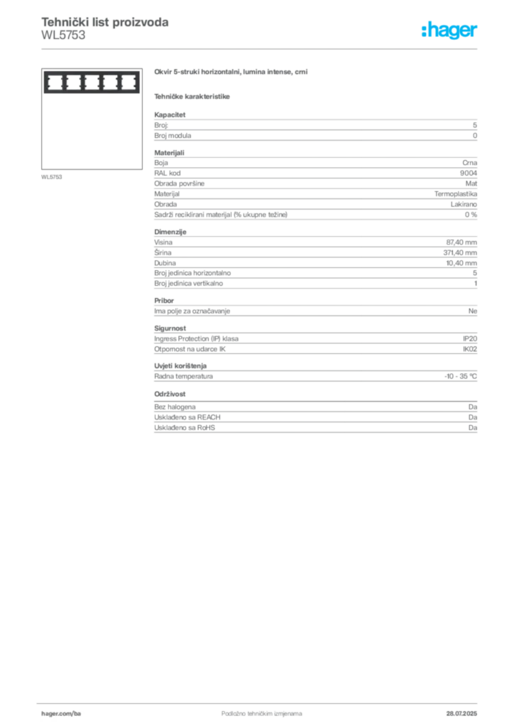 Slika Hager Product data sheet WL5753  | Hager