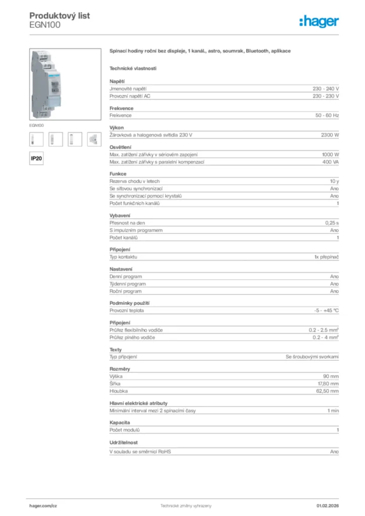 Obrázek Hager Product data sheet EGN100 | Hager