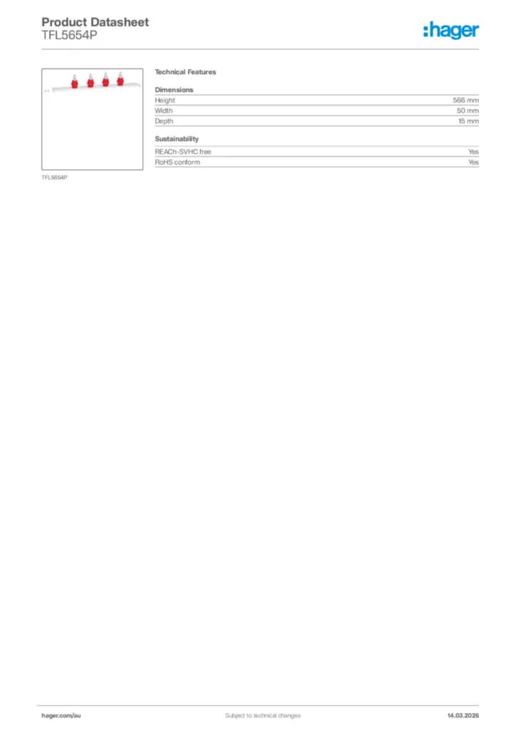 Image Hager Product data sheet TFL5654P  | Hager Australia