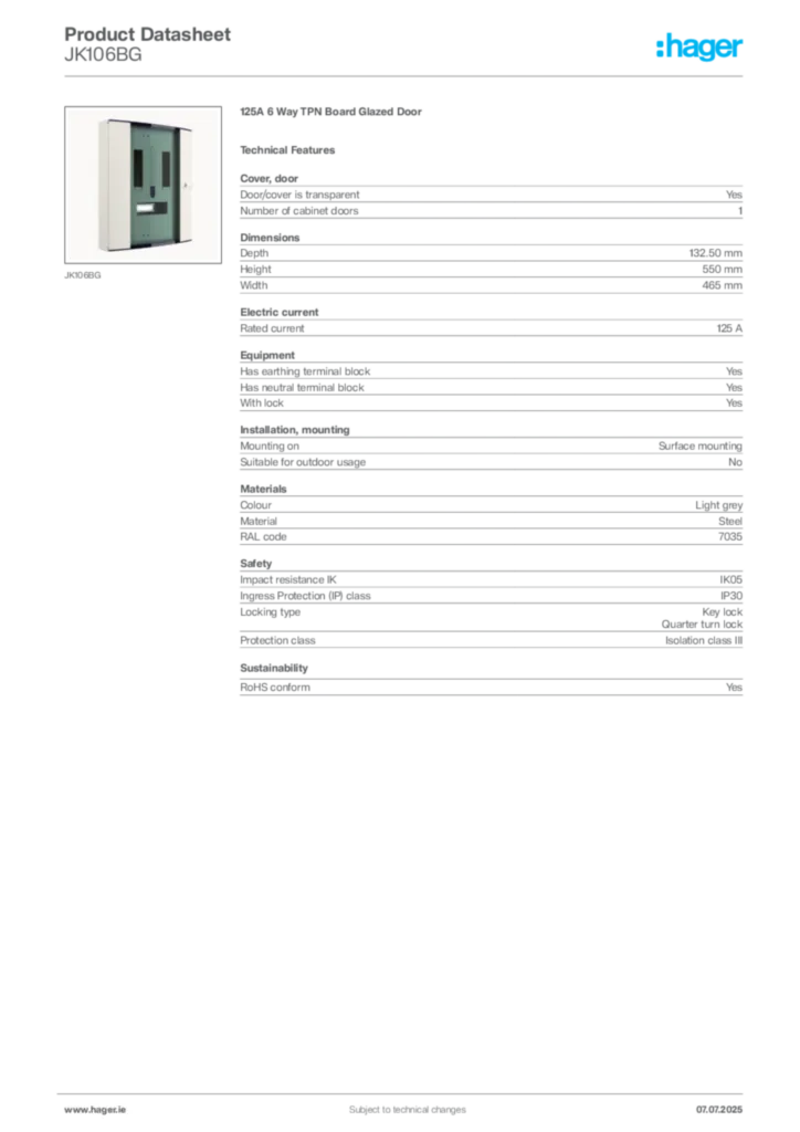 Image Hager Product data sheet JK106BG  | Hager