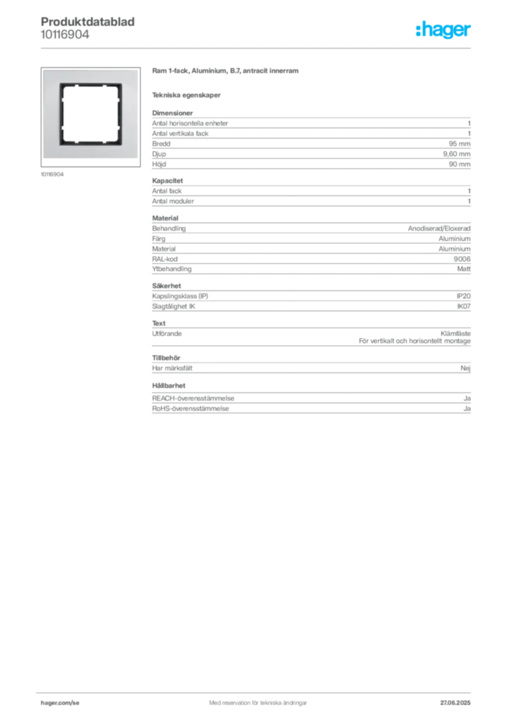 Bild Hager Produktdatablad 10116904 | Hager Sverige
