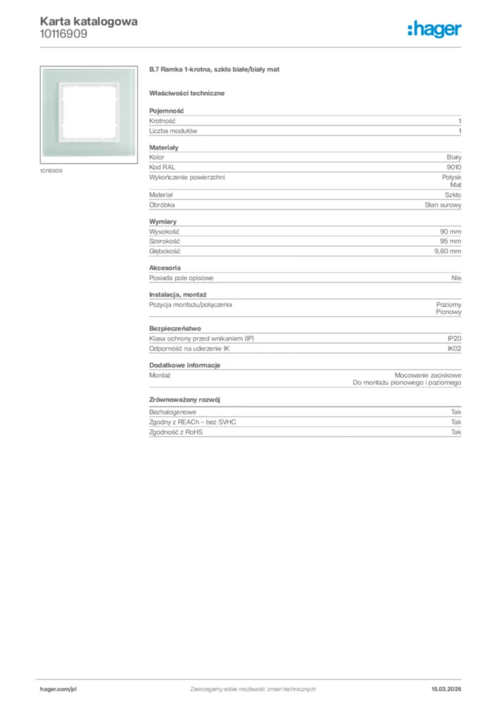 Zdjęcie Hager Karta katalogowa 10116909 | Hager Polska