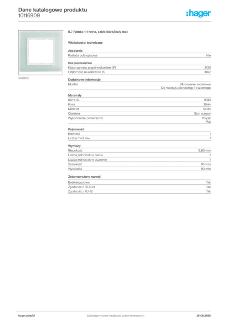 Zdjęcie Hager Karta katalogowa 10116909 | Hager Polska