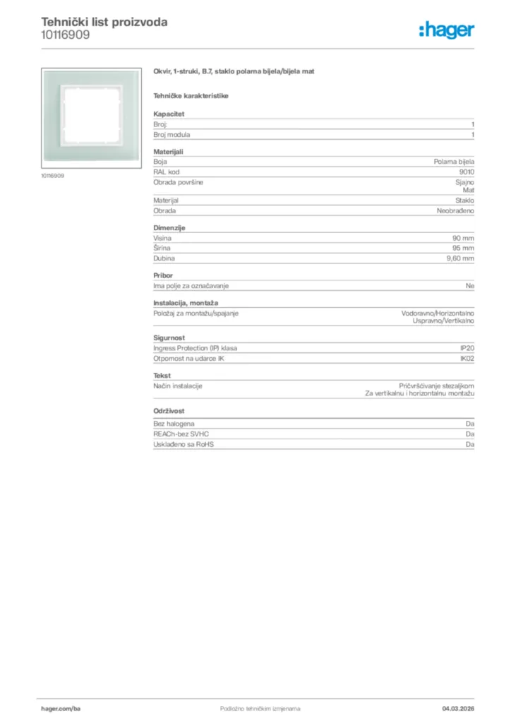 Slika Hager Tehnički list proizvoda 10116909  | Hager