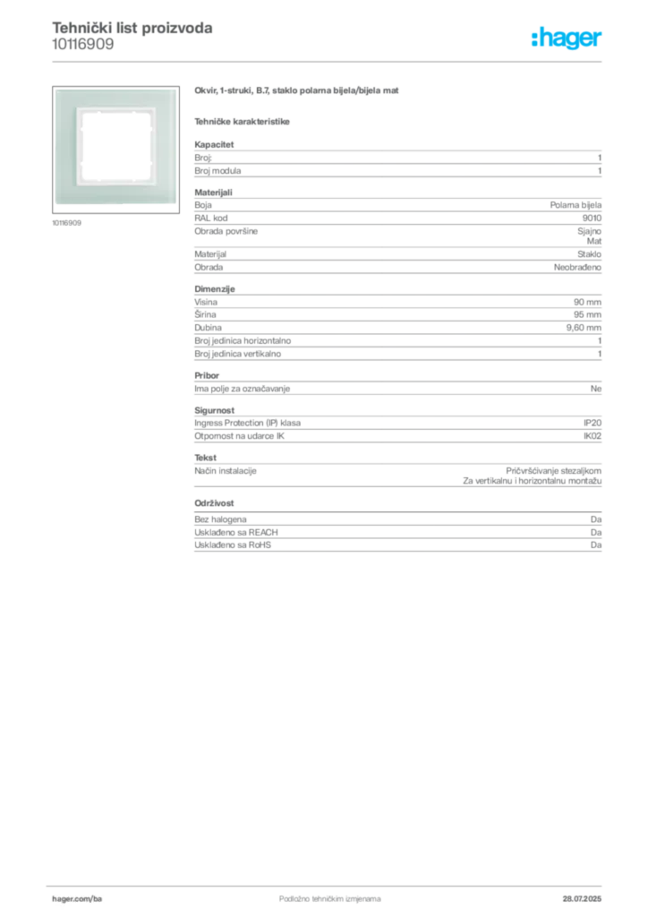 Slika Hager Product data sheet 10116909  | Hager