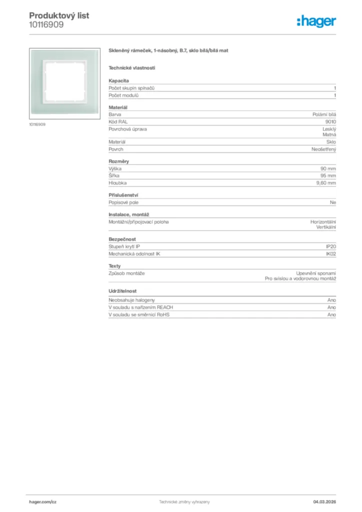 Obrázek Hager Product data sheet 10116909 | Hager