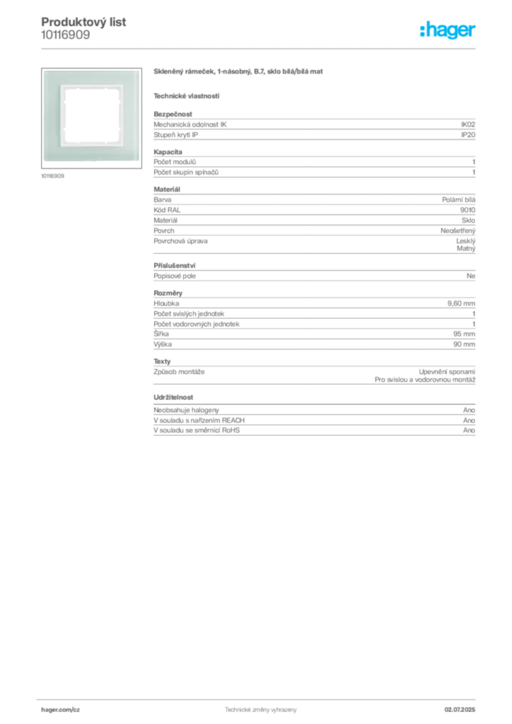 Obrázek Hager Produktový list 10116909 | Hager