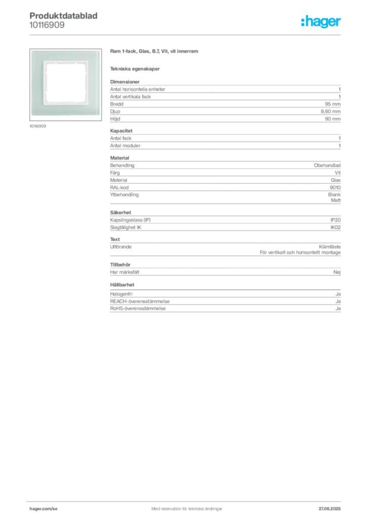 Bild Hager Produktdatablad 10116909 | Hager Sverige