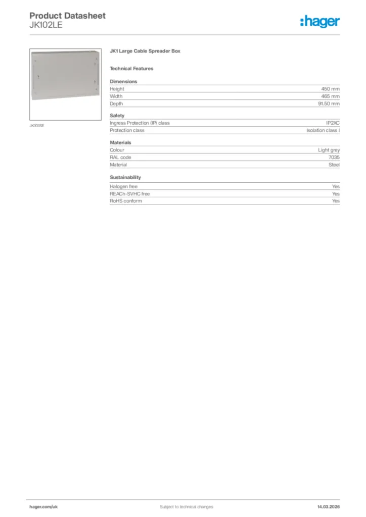 Image Hager Product data sheet JK102LE  | Hager