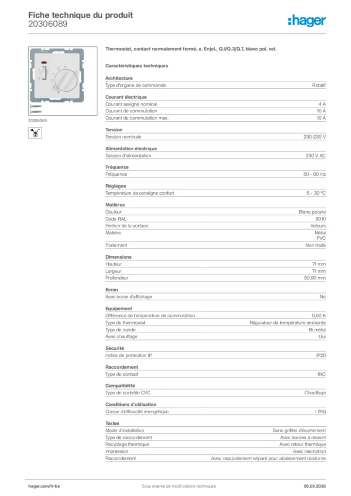 Image Hager Fiche technique du produit 20306089 | Hager Belgique