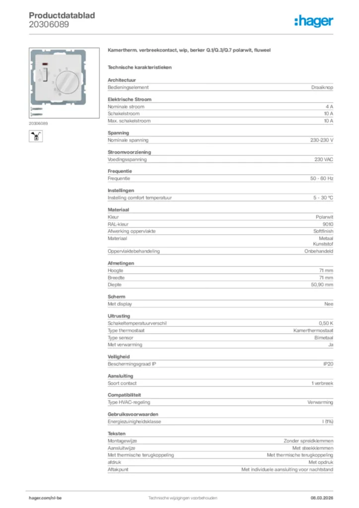 Afbeelding Hager Productdatablad 20306089 | Hager Belgium