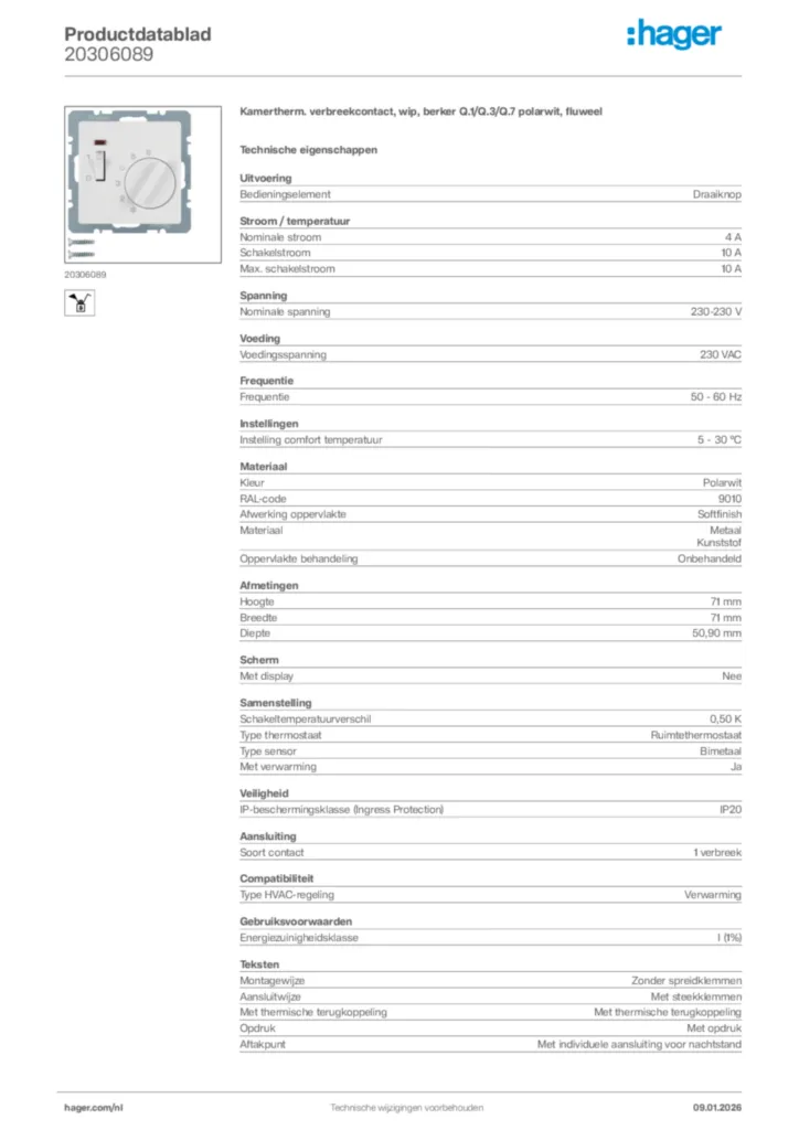 Afbeelding Hager Productdatablad 20306089 | Hager Nederland