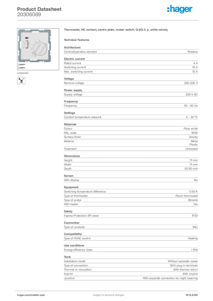 Image Hager Product data sheet 20306089  | Hager
