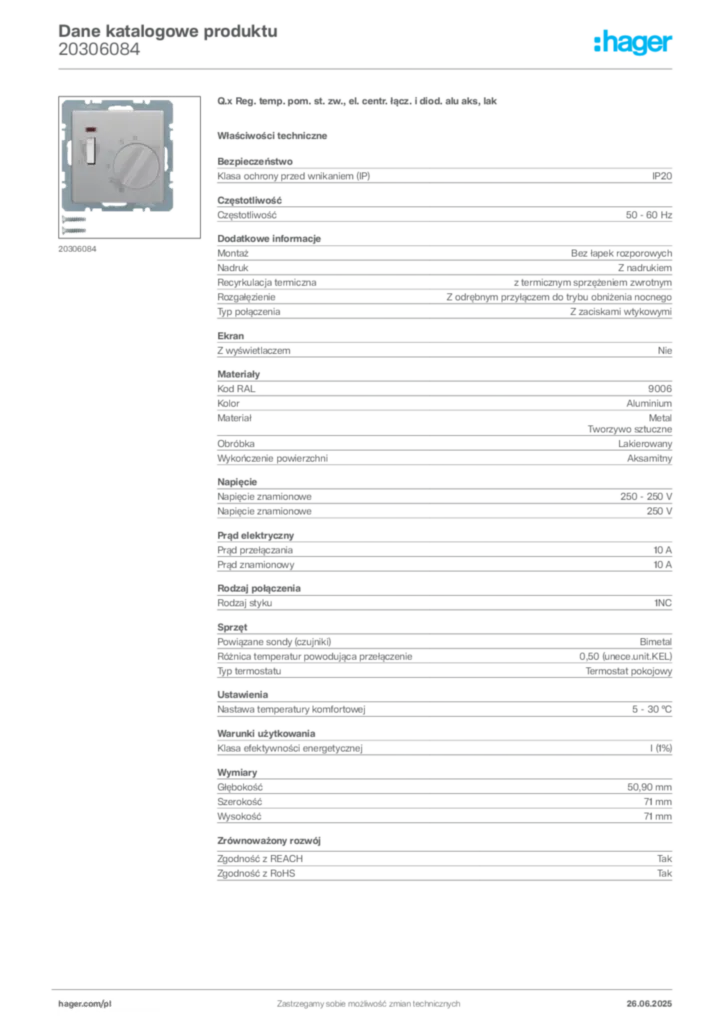 Zdjęcie Hager Karta katalogowa 20306084 | Hager Polska