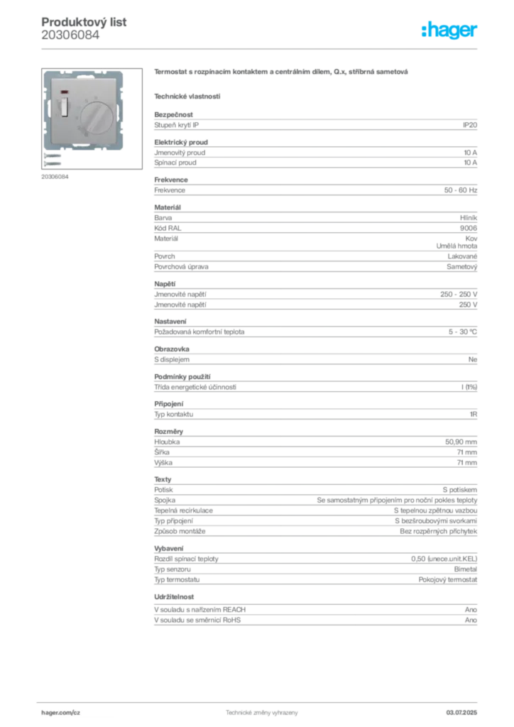 Obrázek Hager Produktový list 20306084 | Hager