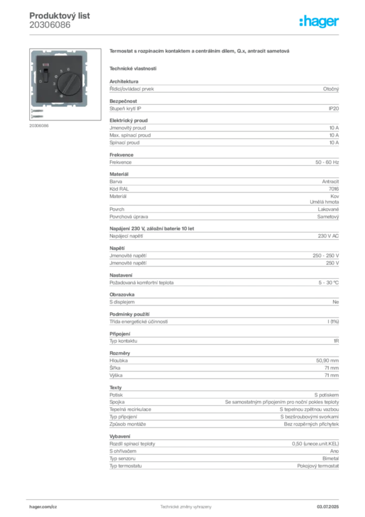 Obrázek Hager Produktový list 20306086 | Hager
