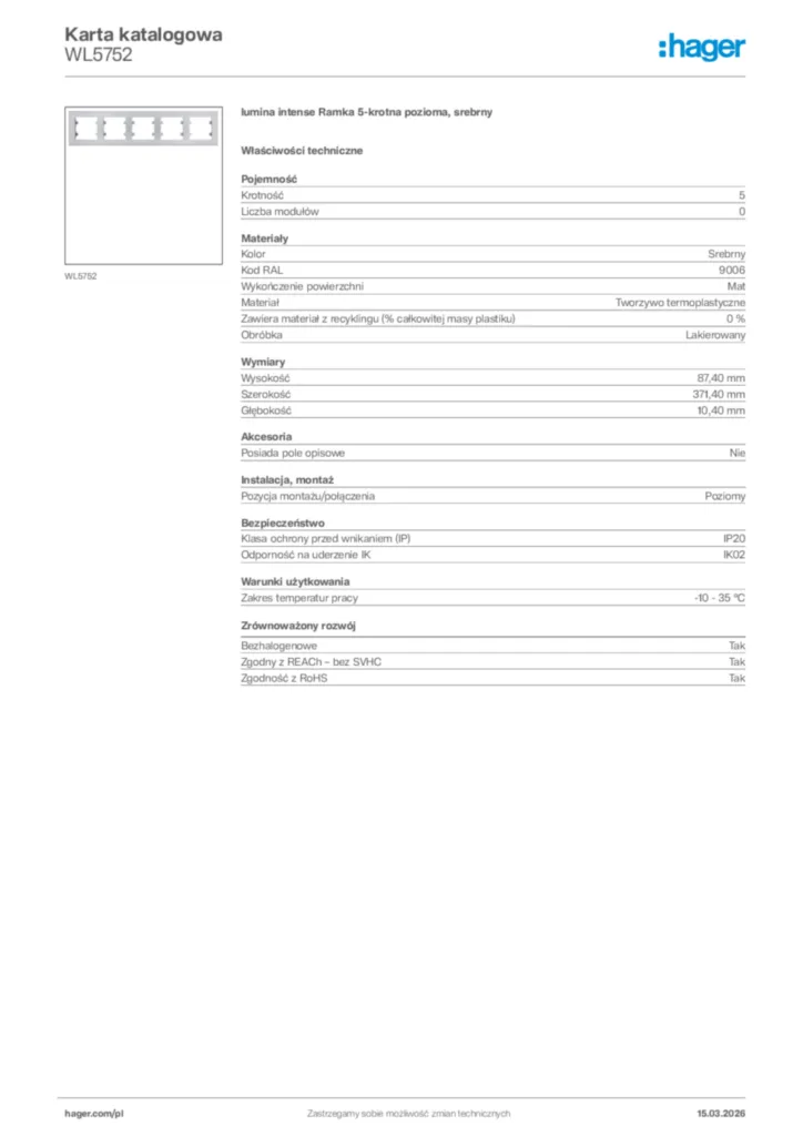 Zdjęcie Hager Karta katalogowa WL5752 | Hager Polska