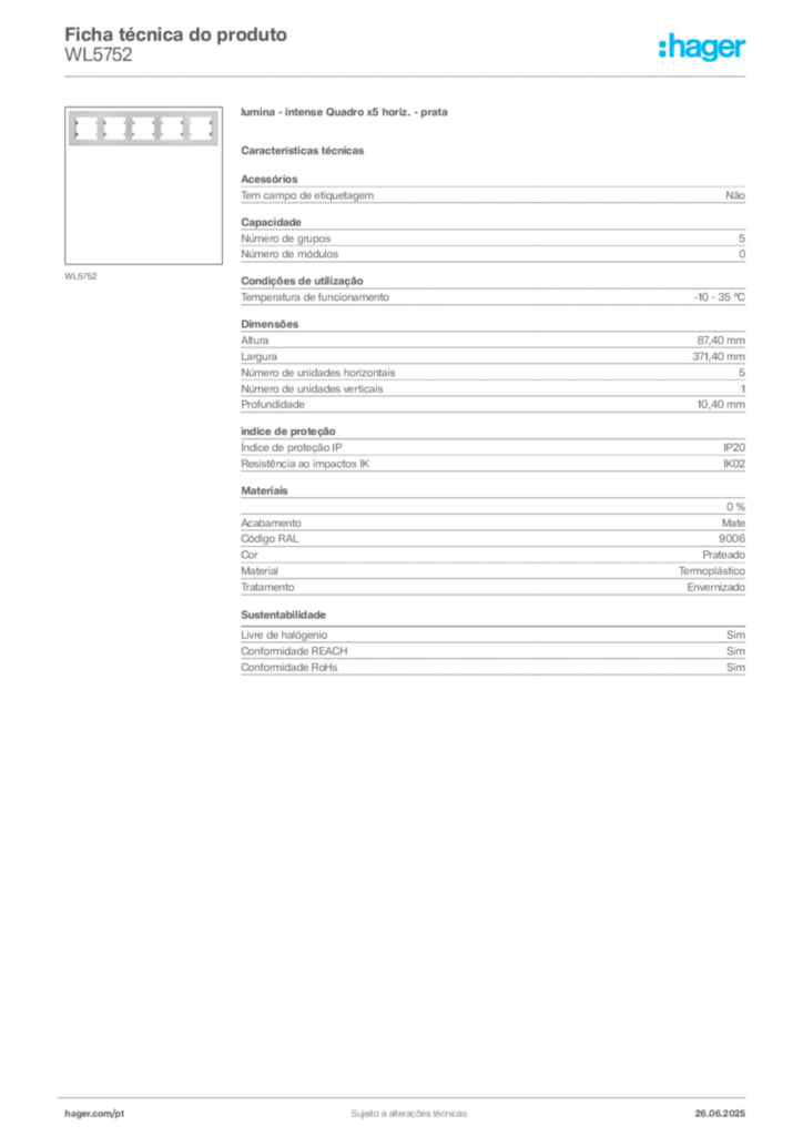 Imagem Hager Ficha técnica do produto WL5752 | Hager Portugal