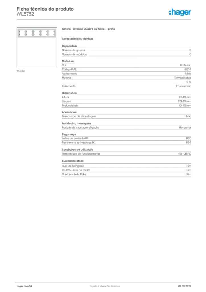 Imagem Hager Ficha técnica do produto WL5752 | Hager Portugal