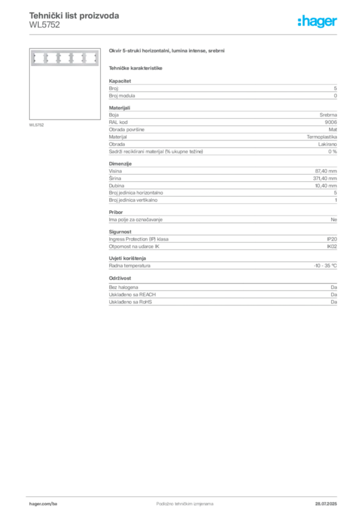 Slika Hager Product data sheet WL5752  | Hager