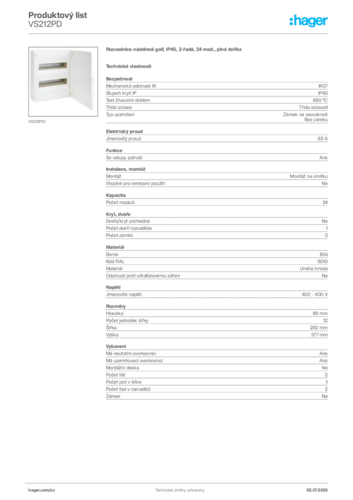 Obrázek Hager Produktový list VS212PD | Hager