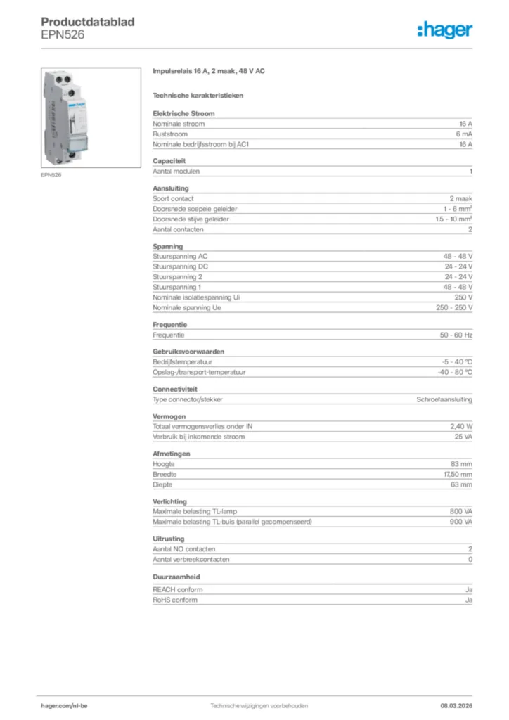 Afbeelding Hager Productdatablad EPN526 | Hager Belgium