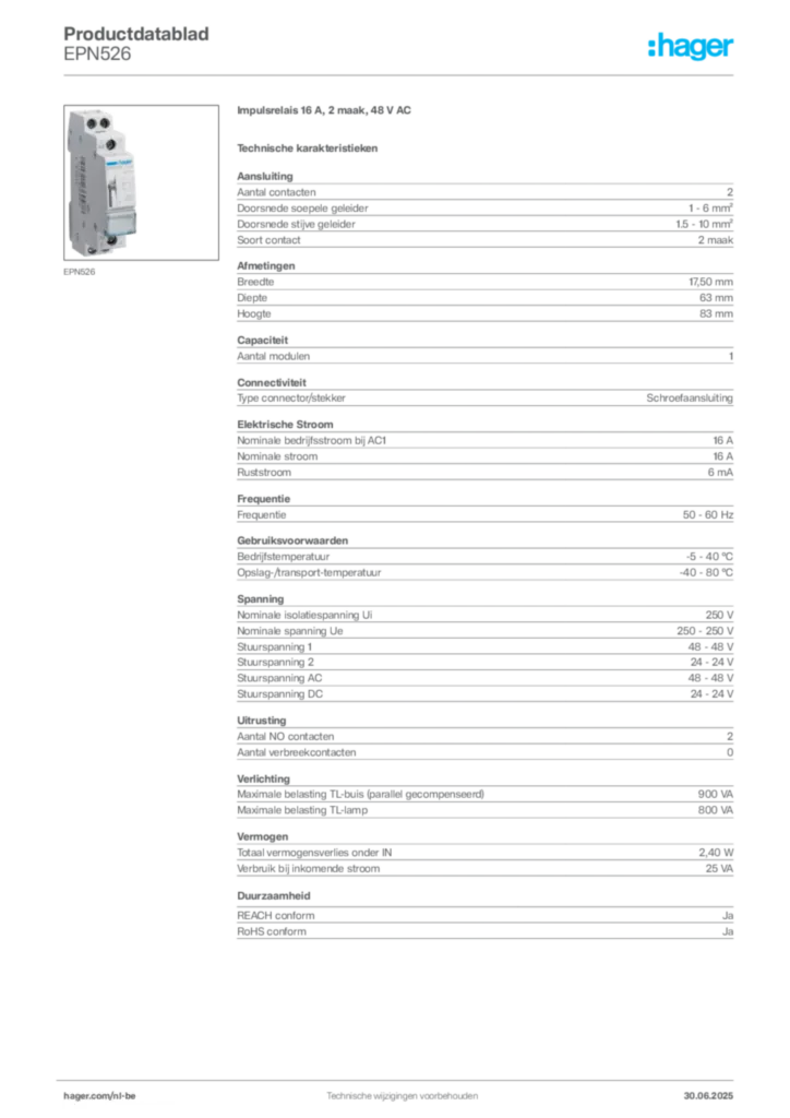 Afbeelding Hager Productdatablad EPN526 | Hager Belgium
