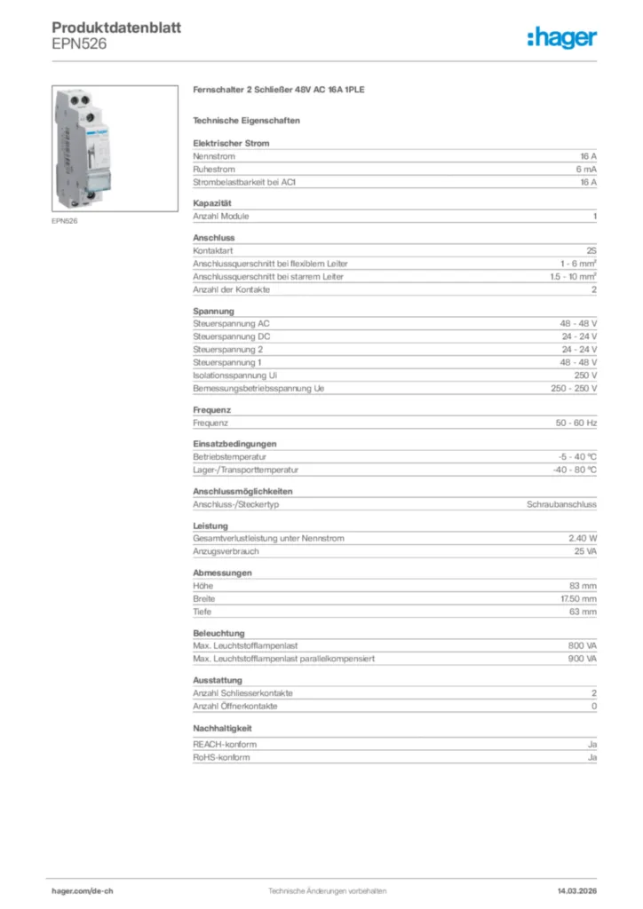 Bild Hager Produktdatenblatt EPN526 | Hager Schweiz