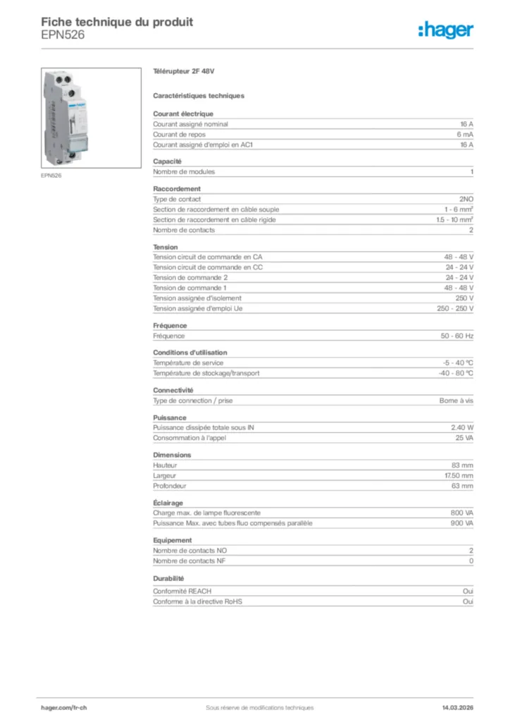 Image Hager Fiche technique du produit EPN526 | Hager Suisse