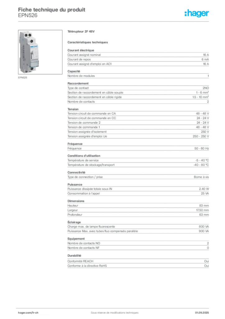 Image Hager Fiche technique du produit EPN526 | Hager Suisse
