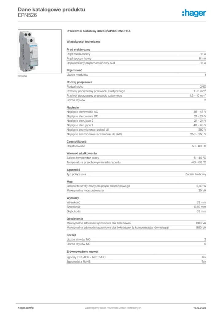 Zdjęcie Hager Karta katalogowa EPN526 | Hager Polska