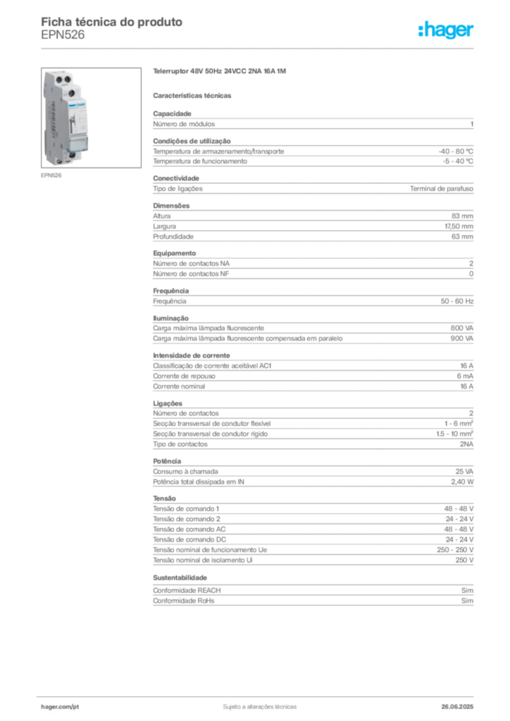 Imagem Hager Ficha técnica do produto EPN526 | Hager Portugal