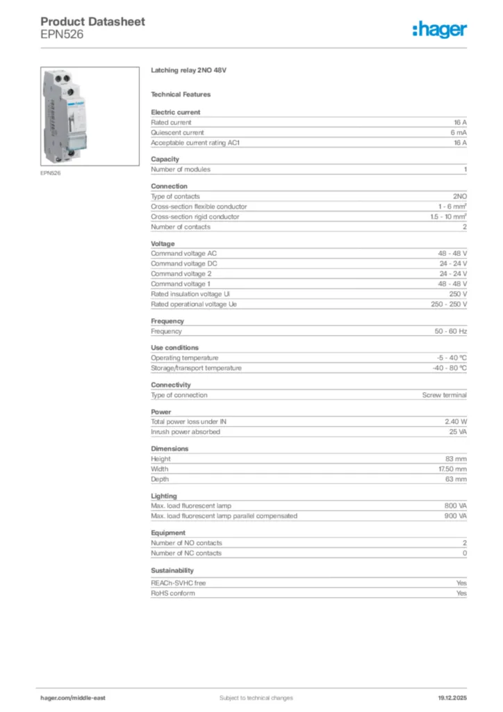 Image Hager Product data sheet EPN526  | Hager