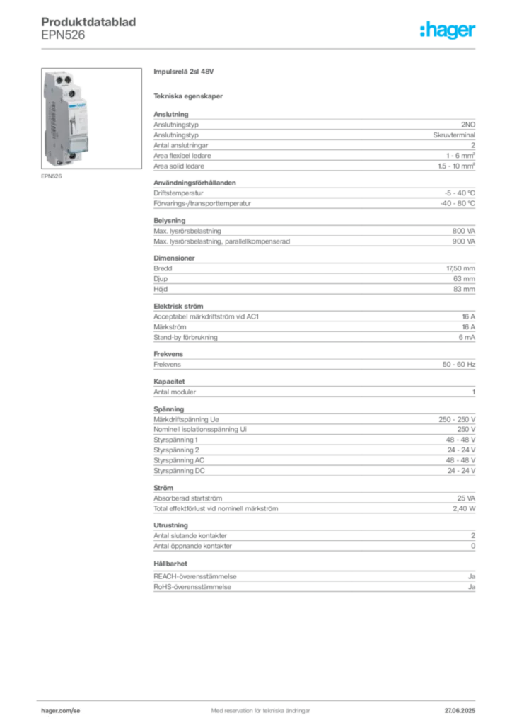 Bild Hager Produktdatablad EPN526 | Hager Sverige