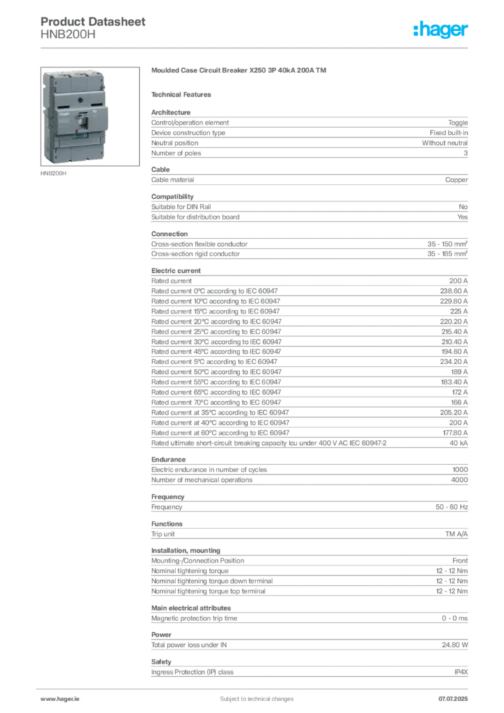 Image Hager Product data sheet HNB200H  | Hager