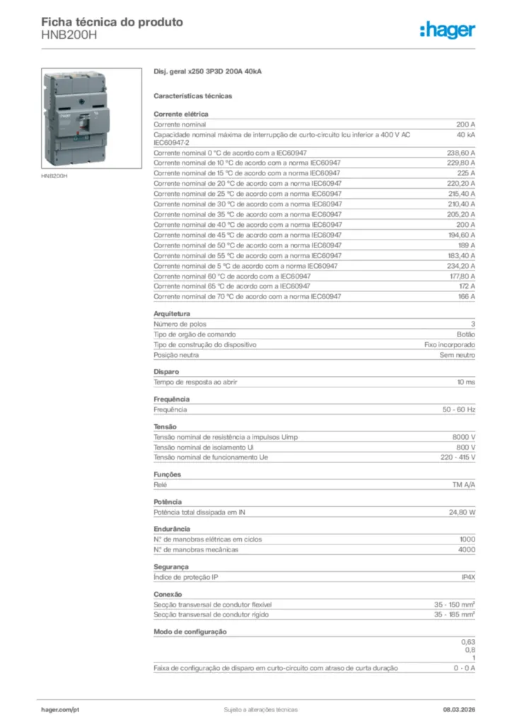 Imagem Hager Ficha técnica do produto HNB200H | Hager Portugal