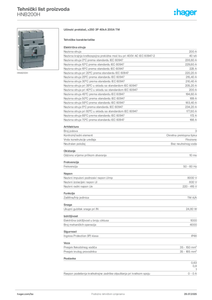 Slika Hager Product data sheet HNB200H  | Hager