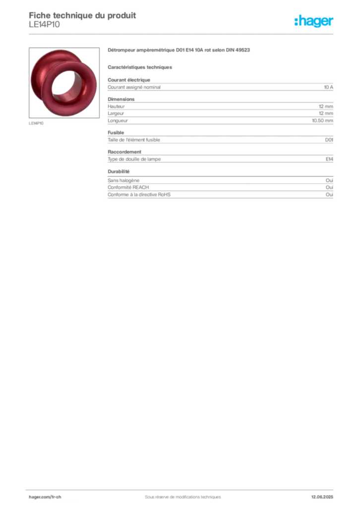 Image Hager Fiche technique du produit LE14P10 | Hager Suisse