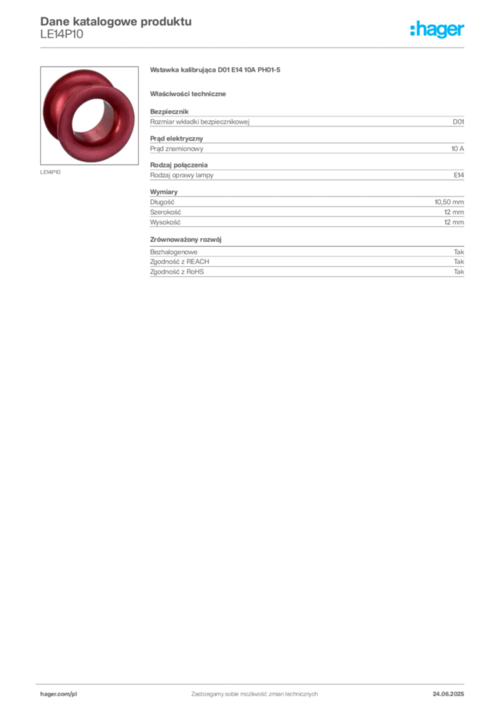 Zdjęcie Hager Karta katalogowa LE14P10 | Hager Polska