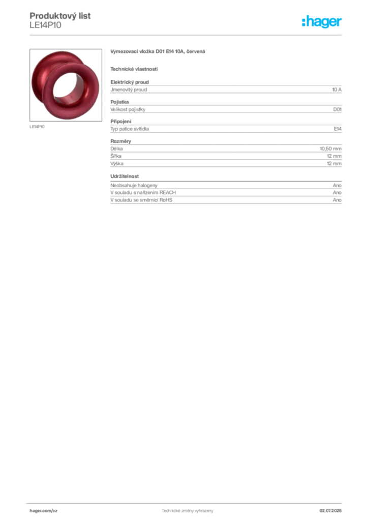 Obrázek Hager Produktový list LE14P10 | Hager