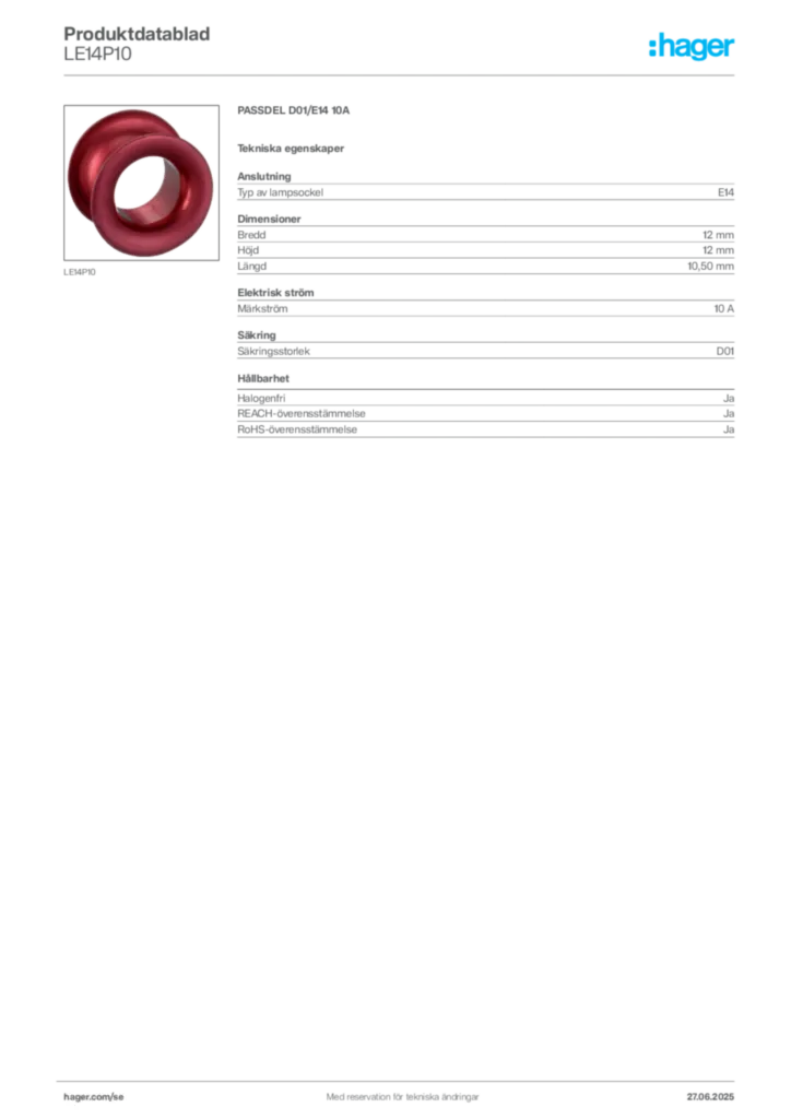 Bild Hager Produktdatablad LE14P10 | Hager Sverige