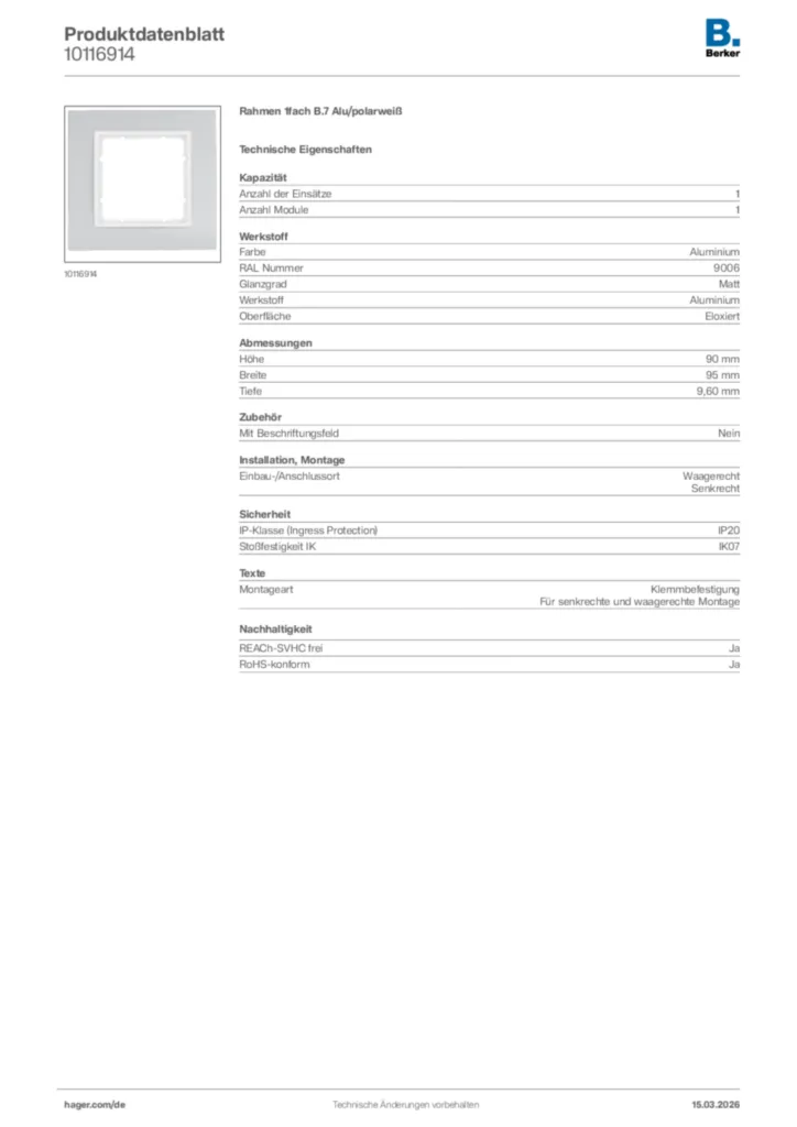 Bild Berker Produktdatenblatt 10116914 | Hager Deutschland