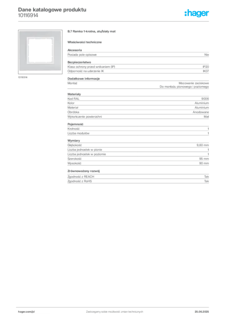 Zdjęcie Hager Karta katalogowa 10116914 | Hager Polska