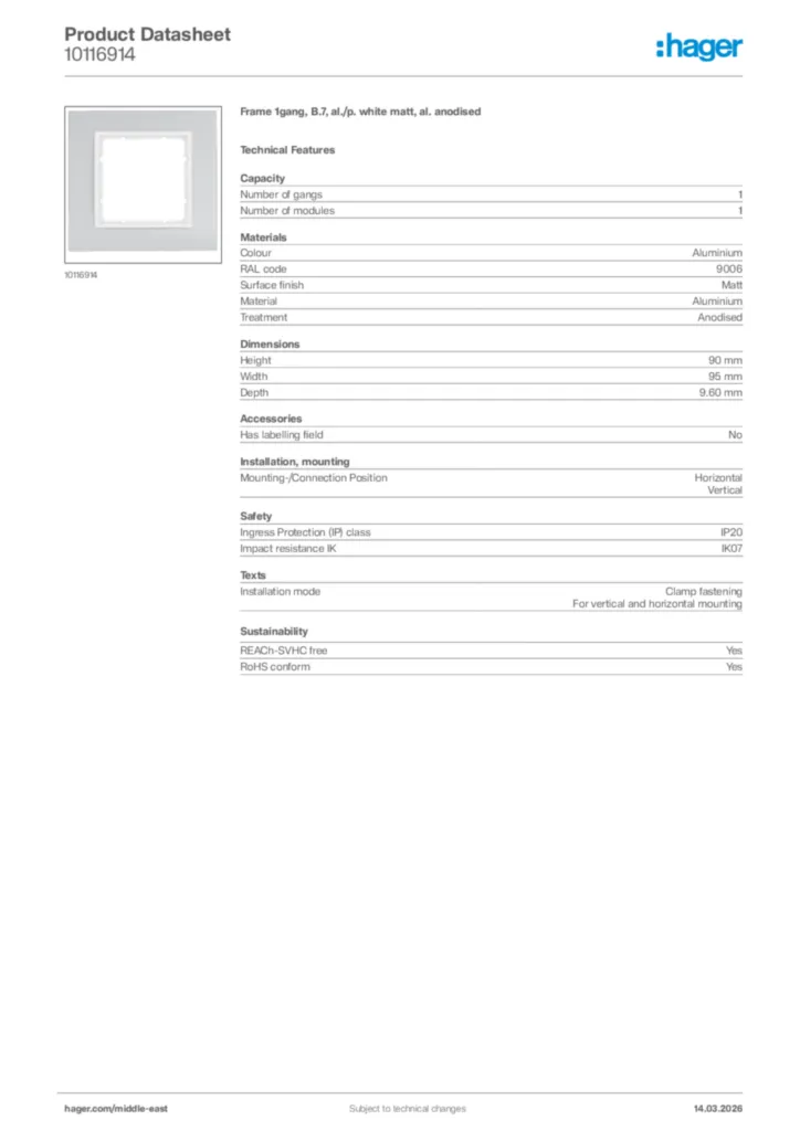 Image Hager Product data sheet 10116914  | Hager